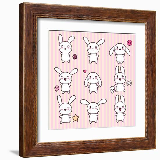 Collection of Funny and Cute Happy Kawaii Rabbits.-incomible-Framed Art Print