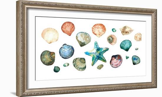 Collection of Seashells in Style Doodle and Abstract Hand-Painted with Watercolors Isolated on Whit-Maria Tishchenko-Framed Photographic Print