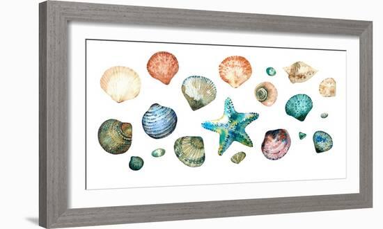 Collection of Seashells in Style Doodle and Abstract Hand-Painted with Watercolors Isolated on Whit-Maria Tishchenko-Framed Photographic Print