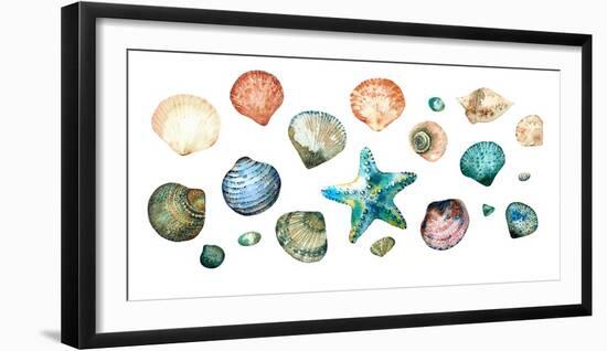 Collection of Seashells in Style Doodle and Abstract Hand-Painted with Watercolors Isolated on Whit-Maria Tishchenko-Framed Photographic Print