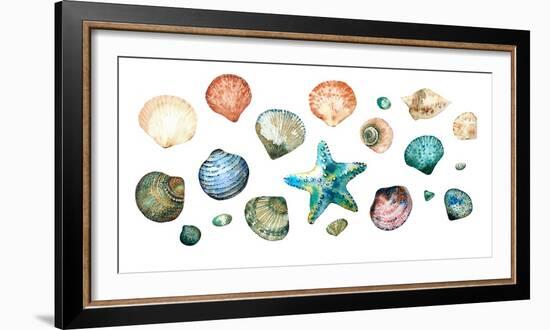 Collection of Seashells in Style Doodle and Abstract Hand-Painted with Watercolors Isolated on Whit-Maria Tishchenko-Framed Photographic Print