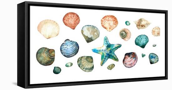 Collection of Seashells in Style Doodle and Abstract Hand-Painted with Watercolors Isolated on Whit-Maria Tishchenko-Framed Premier Image Canvas