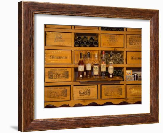 Collection of wines and armagnac in the Mano a Mano cafe-bar in Vic-Fezensac, Gers Department, M...-null-Framed Photographic Print