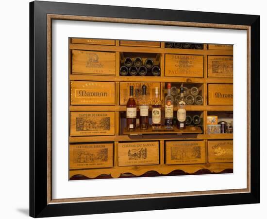 Collection of wines and armagnac in the Mano a Mano cafe-bar in Vic-Fezensac, Gers Department, M...-null-Framed Photographic Print