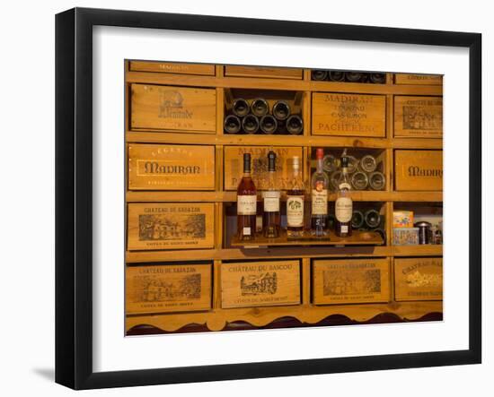 Collection of wines and armagnac in the Mano a Mano cafe-bar in Vic-Fezensac, Gers Department, M...-null-Framed Photographic Print