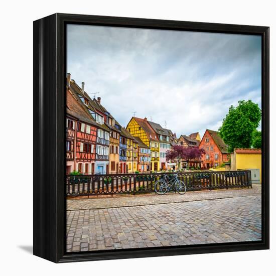 Colmar, Petit Venice, Bridge, Bike and Traditional Houses. Alsace, France.-stevanzz-Framed Premier Image Canvas