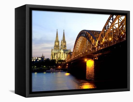 Cologne Cathedral and Hohenzollern Bridge at Night, Cologne, North Rhine Westphalia, Germany-Yadid Levy-Framed Premier Image Canvas