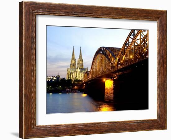 Cologne Cathedral and Hohenzollern Bridge at Night, Cologne, North Rhine Westphalia, Germany-Yadid Levy-Framed Photographic Print