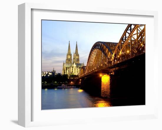 Cologne Cathedral and Hohenzollern Bridge at Night, Cologne, North Rhine Westphalia, Germany-Yadid Levy-Framed Photographic Print