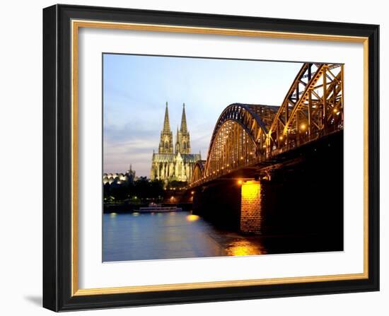 Cologne Cathedral and Hohenzollern Bridge at Night, Cologne, North Rhine Westphalia, Germany-Yadid Levy-Framed Photographic Print