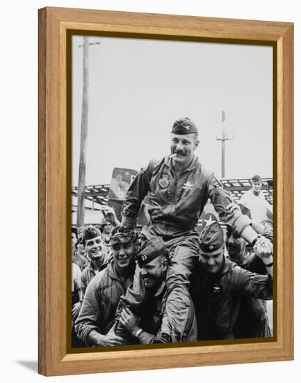 Colonel Robin Olds Celebrates His 100th Combat Mission, Vietnam, 1967-null-Framed Stretched Canvas