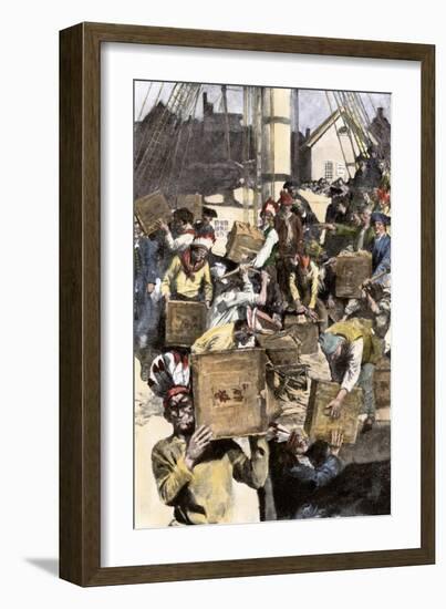 Colonists Dressed as Indians Dumping Tea in Boston Harbor, c.1773-null-Framed Giclee Print