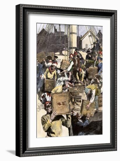 Colonists Dressed as Indians Dumping Tea in Boston Harbor, c.1773-null-Framed Giclee Print