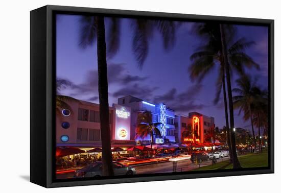 Colony Hotel, Facade, Ocean Drive at Dusk, Miami South Beach, Art Deco District, Florida, Usa-Axel Schmies-Framed Premier Image Canvas