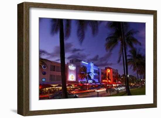 Colony Hotel, Facade, Ocean Drive at Dusk, Miami South Beach, Art Deco District, Florida, Usa-Axel Schmies-Framed Photographic Print