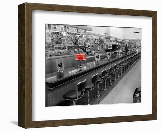 Color Pop,1950s 1960s INTERIOR OF LUNCH COUNTER WITH CHROME STOOLS, Living Coral-null-Framed Photographic Print