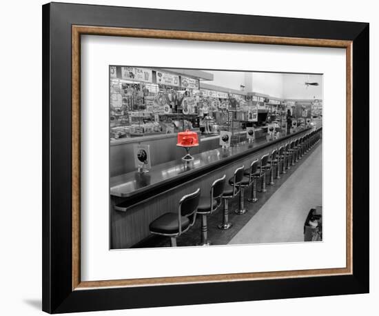 Color Pop,1950s 1960s INTERIOR OF LUNCH COUNTER WITH CHROME STOOLS, Living Coral-null-Framed Photographic Print