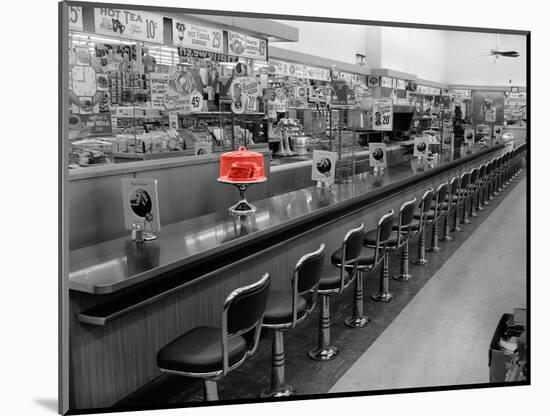 Color Pop,1950s 1960s INTERIOR OF LUNCH COUNTER WITH CHROME STOOLS, Living Coral-null-Mounted Photographic Print