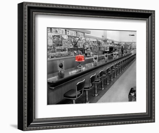 Color Pop,1950s 1960s INTERIOR OF LUNCH COUNTER WITH CHROME STOOLS, Living Coral-null-Framed Photographic Print