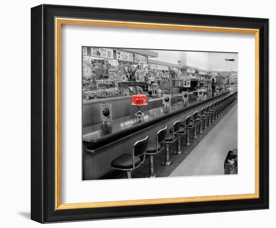 Color Pop,1950s 1960s INTERIOR OF LUNCH COUNTER WITH CHROME STOOLS, Living Coral-null-Framed Photographic Print