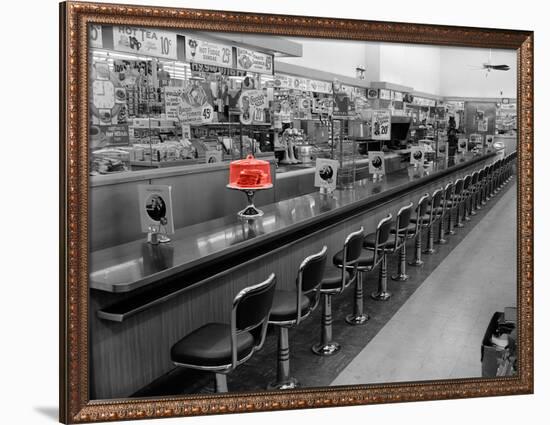 Color Pop,1950s 1960s INTERIOR OF LUNCH COUNTER WITH CHROME STOOLS, Living Coral-null-Framed Photographic Print