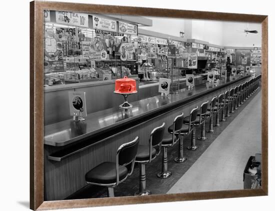 Color Pop,1950s 1960s INTERIOR OF LUNCH COUNTER WITH CHROME STOOLS, Living Coral-null-Framed Photographic Print