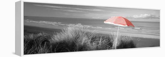 Color Pop, Beach umbrella on the beach, Saunton, North Devon, England, Living Coral-null-Framed Premier Image Canvas