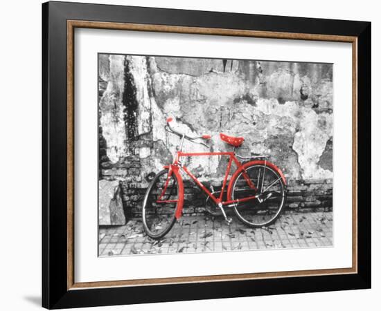 Color Pop, Bike against wall, Beijing, China, Living Coral-null-Framed Photographic Print