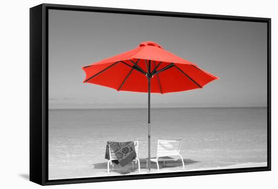 Color Pop, Chairs Under An Umbrella On The Beach, Turks And Caicos Islands, North Atlantic Ocean-null-Framed Stretched Canvas