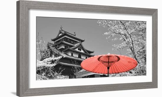 Color Pop, Cherry Blossom Matsue Castle Japan, Living Coral-null-Framed Photographic Print