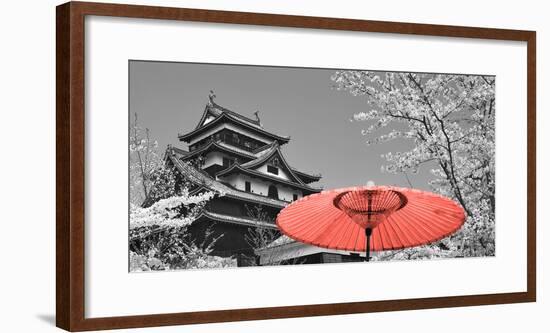 Color Pop, Cherry Blossom Matsue Castle Japan, Living Coral-null-Framed Photographic Print