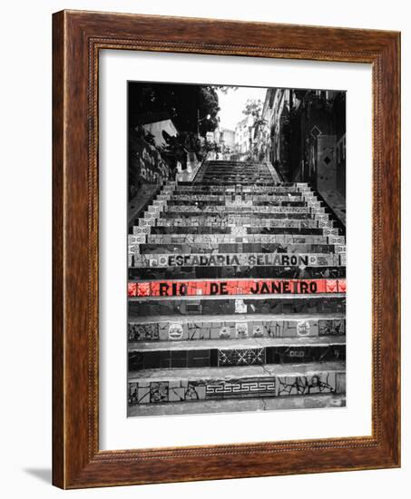 Color Pop, Low angle view of a staircase, Lapa Steps, Rio De Janeiro, Brazil, Living Coral-null-Framed Photographic Print