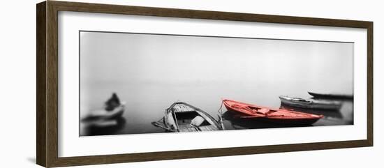 Color Pop, Row boats in a river, Ganges River, Varanasi, Uttar Pradesh, India, Living Coral-null-Framed Photographic Print