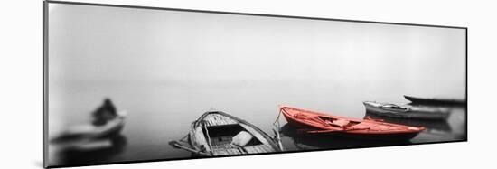 Color Pop, Row boats in a river, Ganges River, Varanasi, Uttar Pradesh, India, Living Coral-null-Mounted Photographic Print