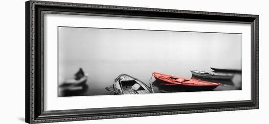 Color Pop, Row boats in a river, Ganges River, Varanasi, Uttar Pradesh, India, Living Coral-null-Framed Photographic Print