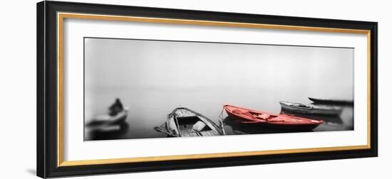 Color Pop, Row boats in a river, Ganges River, Varanasi, Uttar Pradesh, India, Living Coral-null-Framed Photographic Print