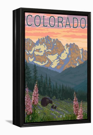 Colorado - Bears and Spring Flowers-Lantern Press-Framed Stretched Canvas