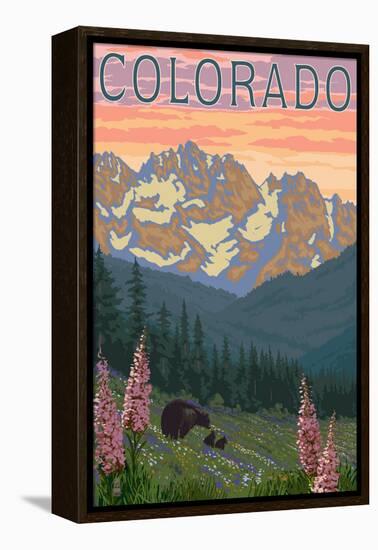 Colorado - Bears and Spring Flowers-Lantern Press-Framed Stretched Canvas