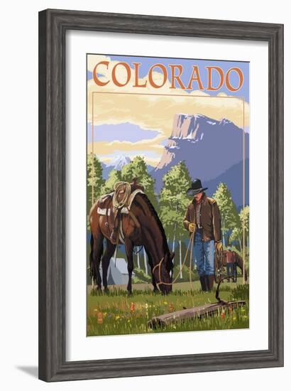 Colorado - Cowboy and Horse in Spring-Lantern Press-Framed Art Print