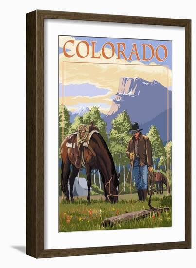 Colorado - Cowboy and Horse in Spring-Lantern Press-Framed Art Print