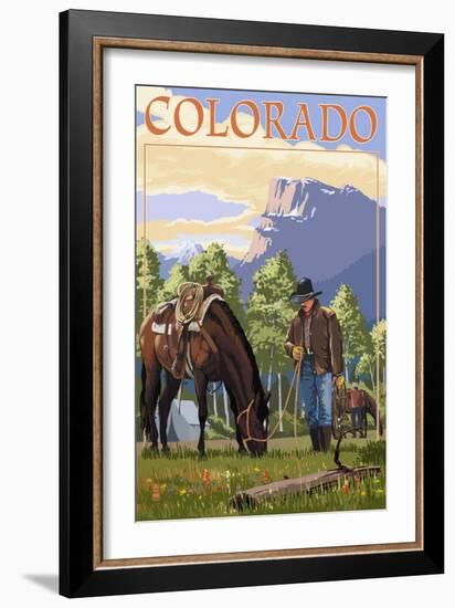 Colorado - Cowboy and Horse in Spring-Lantern Press-Framed Art Print