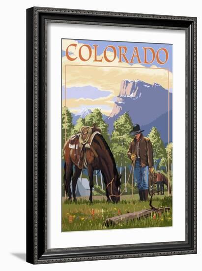 Colorado - Cowboy and Horse in Spring-Lantern Press-Framed Art Print