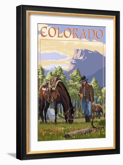 Colorado - Cowboy and Horse in Spring-Lantern Press-Framed Art Print