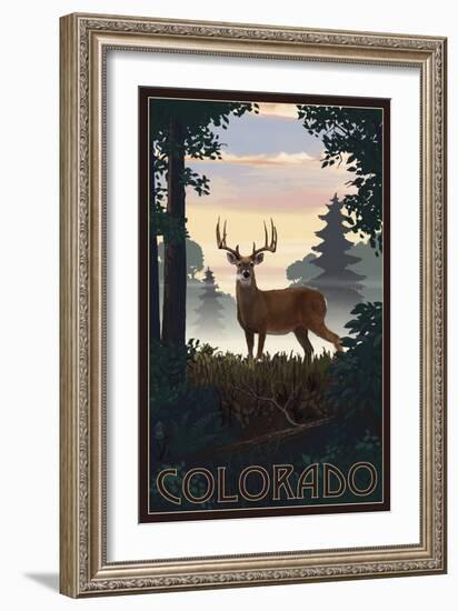 Colorado - Deer and Sunrise-Lantern Press-Framed Art Print