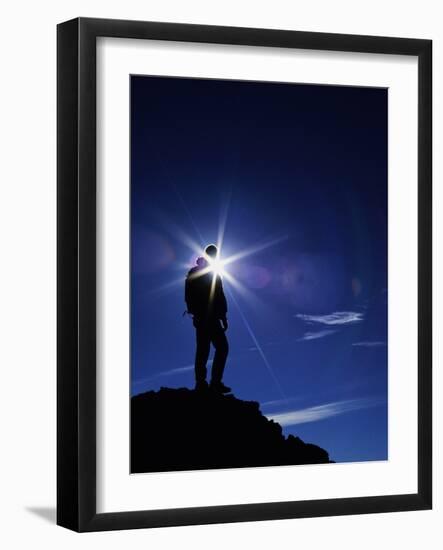 Colorado Hiker Silhouette with Lens Flare and Blue Sky-Kevin Lange-Framed Photographic Print