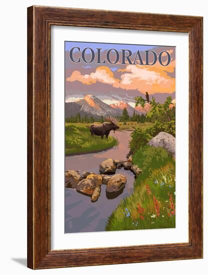 Colorado - Moose and Meadow Scene-Lantern Press-Framed Art Print