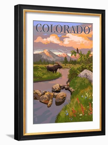 Colorado - Moose and Meadow Scene-Lantern Press-Framed Art Print