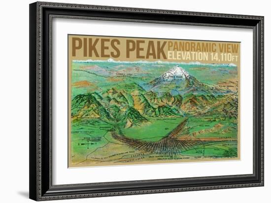 Colorado, Panoramic View of Pikes Peak and the Region, Map-Lantern Press-Framed Art Print