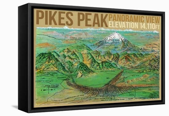 Colorado, Panoramic View of Pikes Peak and the Region, Map-Lantern Press-Framed Stretched Canvas