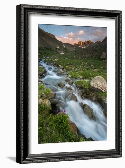 Colorado, Rocky Mountain Sunset in American Basin with Stream and Alpine Wildflowers-Judith Zimmerman-Framed Photographic Print